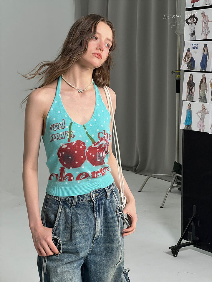 Cherry Polka Dot Knit Halter Top
