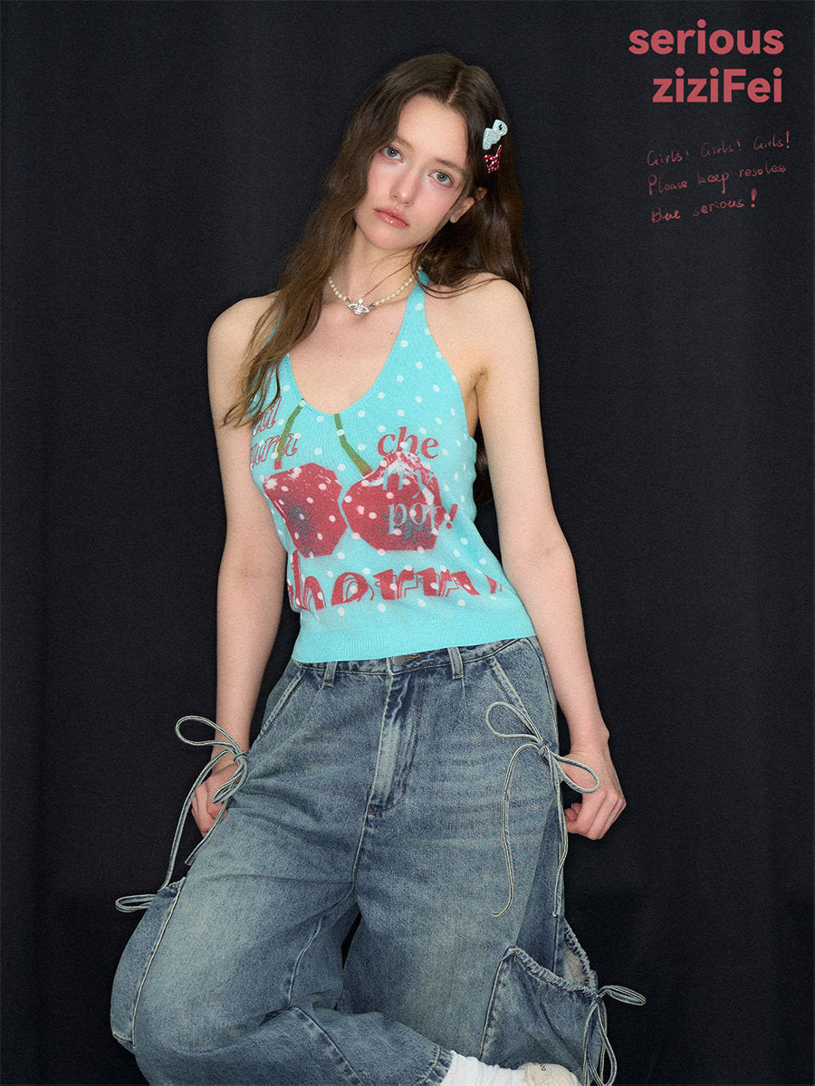 Cherry Polka Dot Knit Halter Top