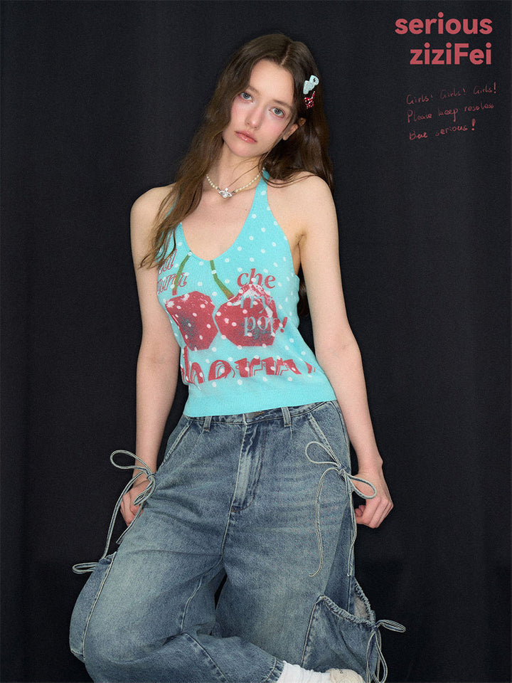 Cherry Polka Dot Knit Halter Top