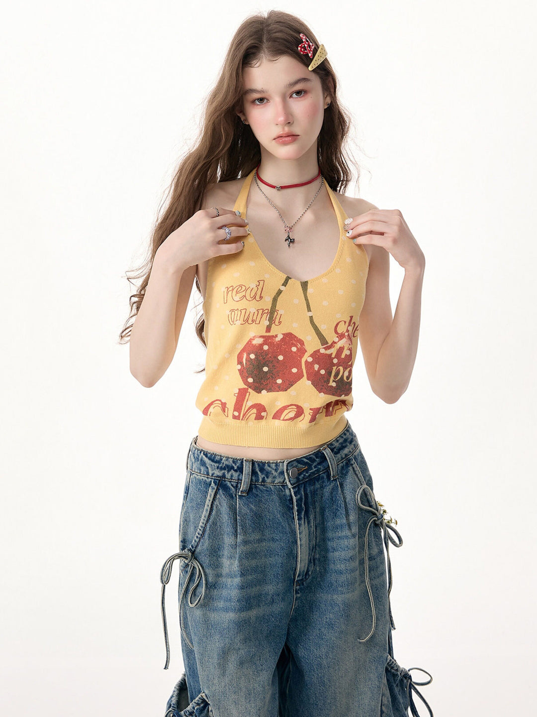 Yellow Cherry Graphic Knit Halter Top