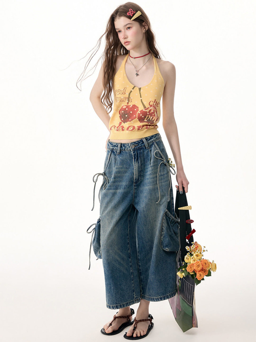 Yellow Cherry Graphic Knit Halter Top