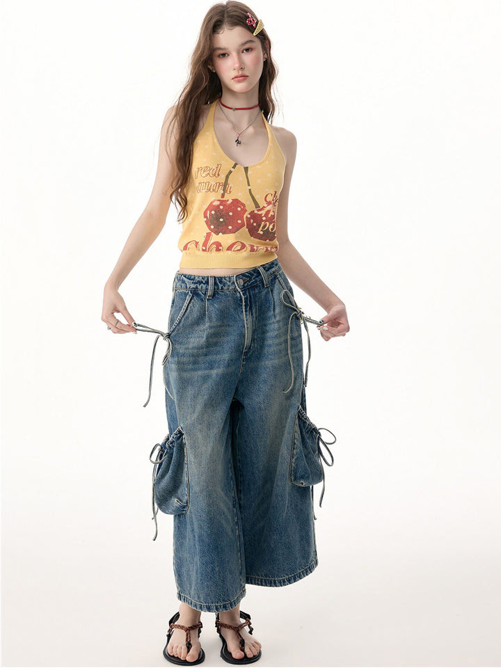 Yellow Cherry Graphic Knit Halter Top