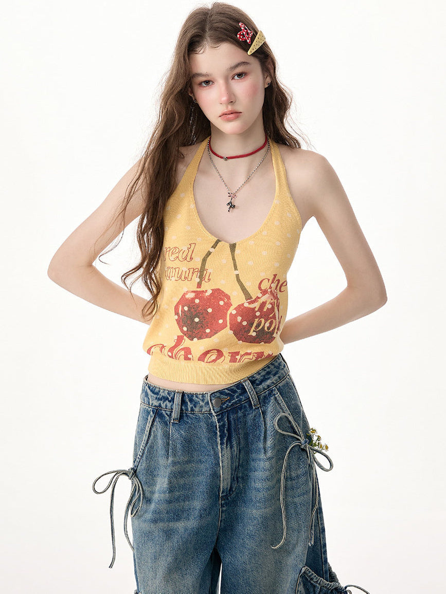 Yellow Cherry Graphic Knit Halter Top