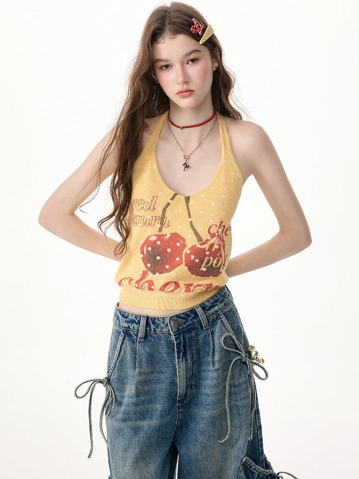 Yellow Cherry Graphic Knit Halter Top