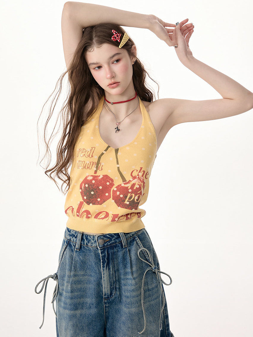 Yellow Cherry Graphic Knit Halter Top