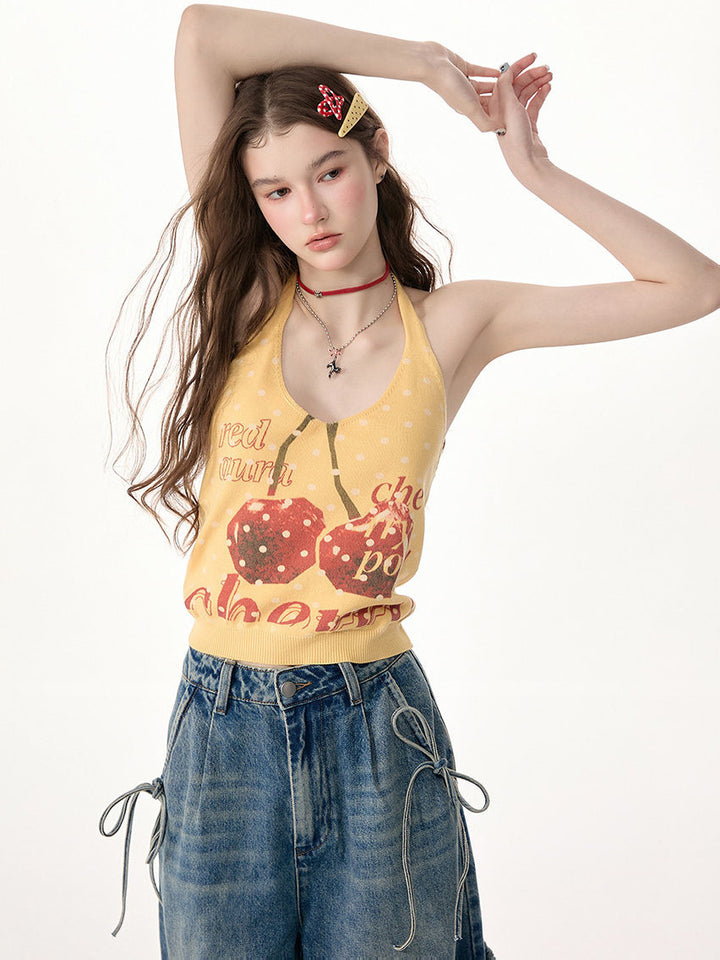 Yellow Cherry Graphic Knit Halter Top