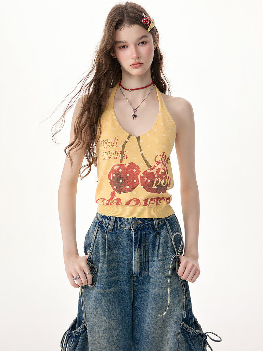 Yellow Cherry Graphic Knit Halter Top