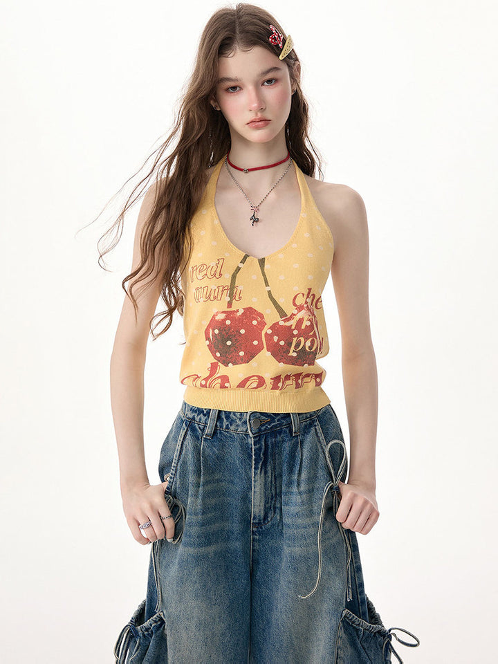 Yellow Cherry Graphic Knit Halter Top