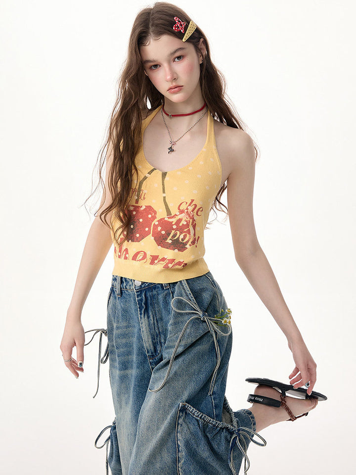 Yellow Cherry Graphic Knit Halter Top