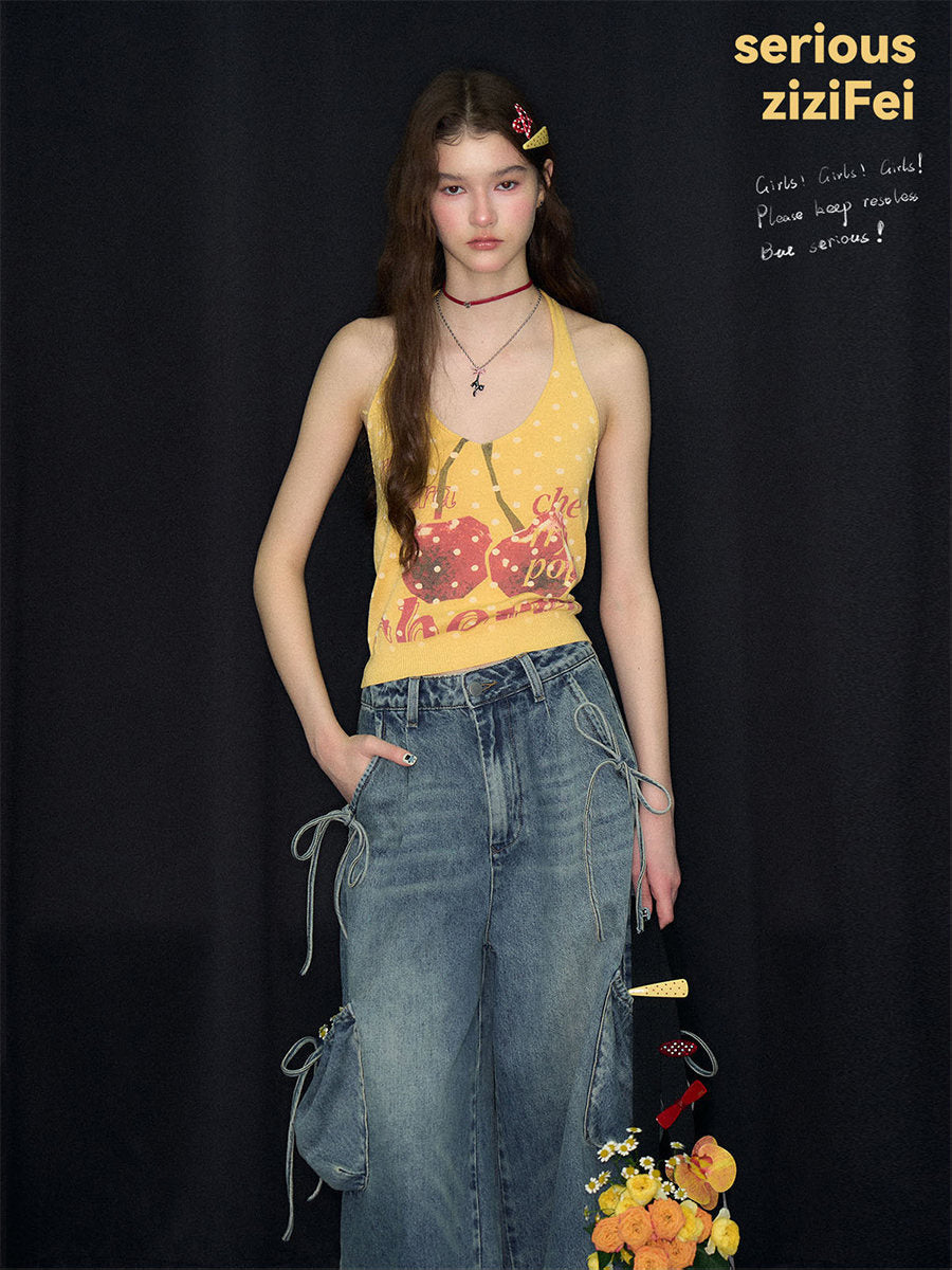 Yellow Cherry Graphic Knit Halter Top