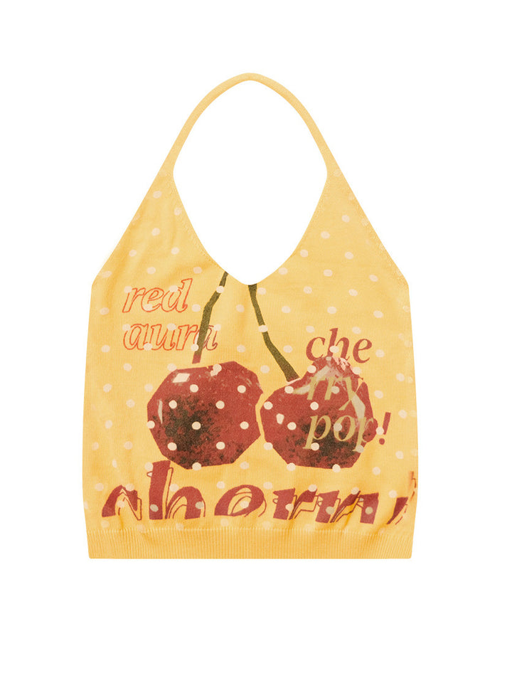 Yellow Cherry Graphic Knit Halter Top