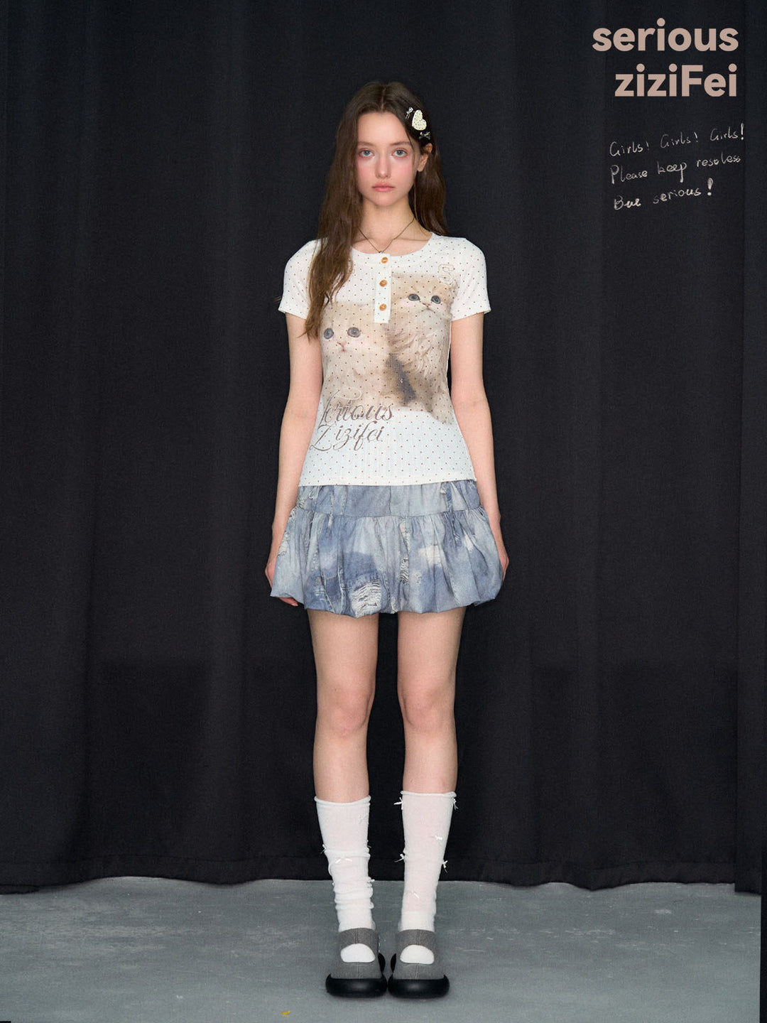 Polka Dot Cat Graphic Henley Tee