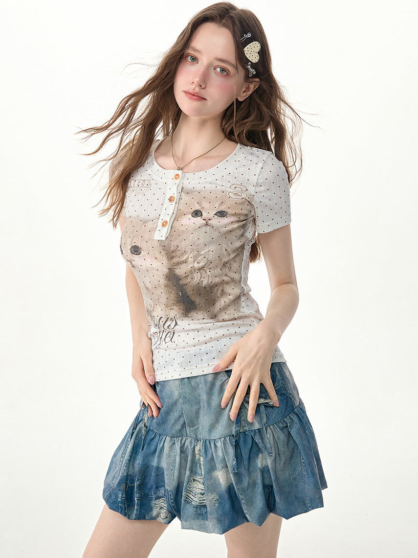 Polka Dot Cat Graphic Henley Tee