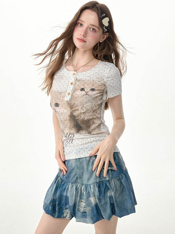 Polka Dot Cat Graphic Henley Tee