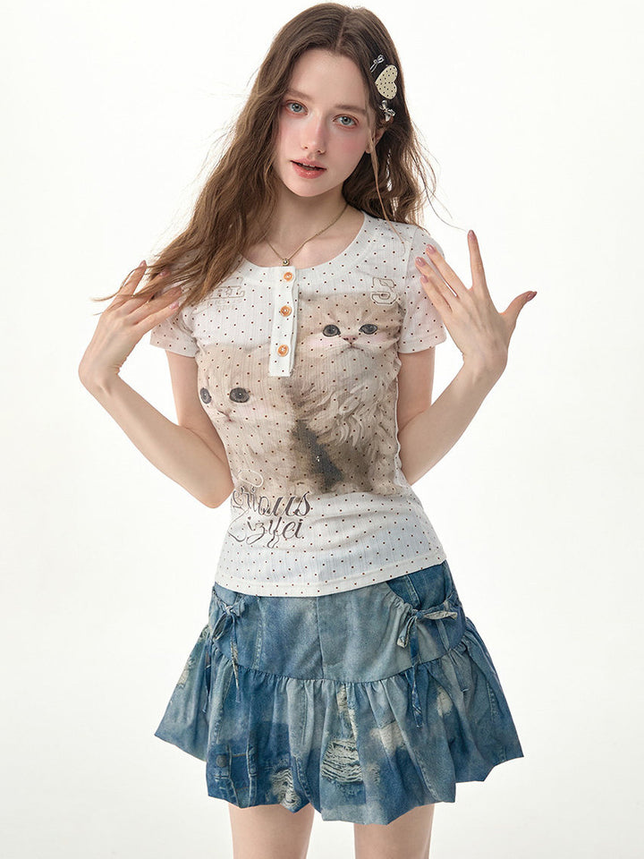 Polka Dot Cat Graphic Henley Tee