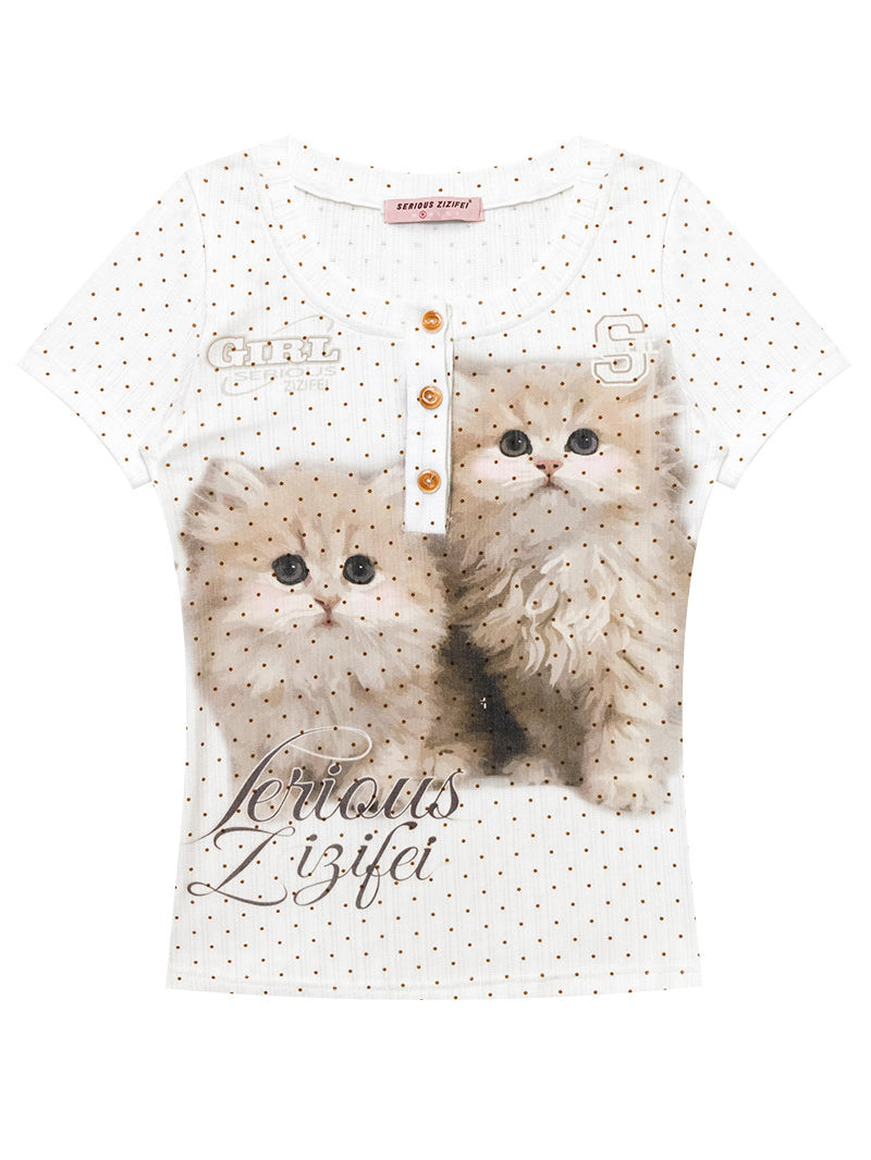 Polka Dot Cat Graphic Henley Tee
