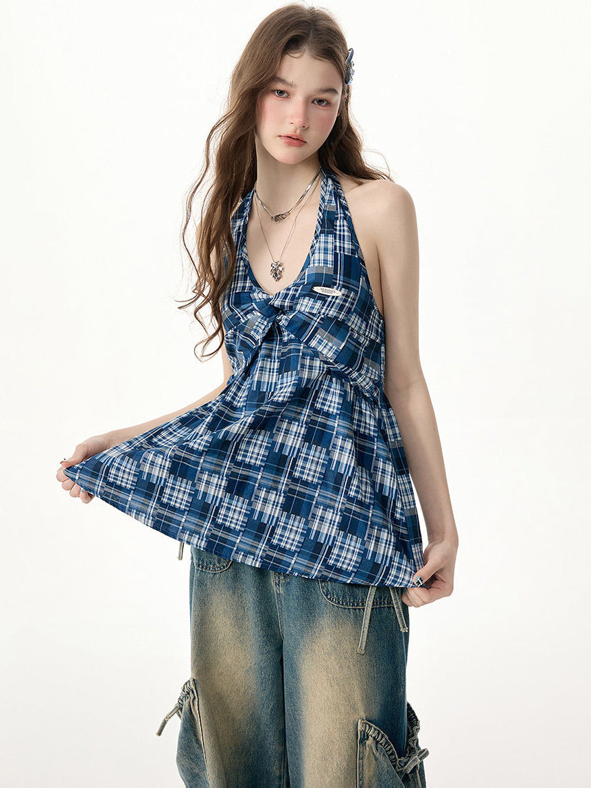 Blue Plaid Twist-Front Halter Top