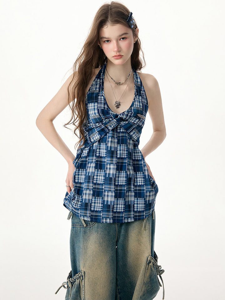Blue Plaid Twist-Front Halter Top