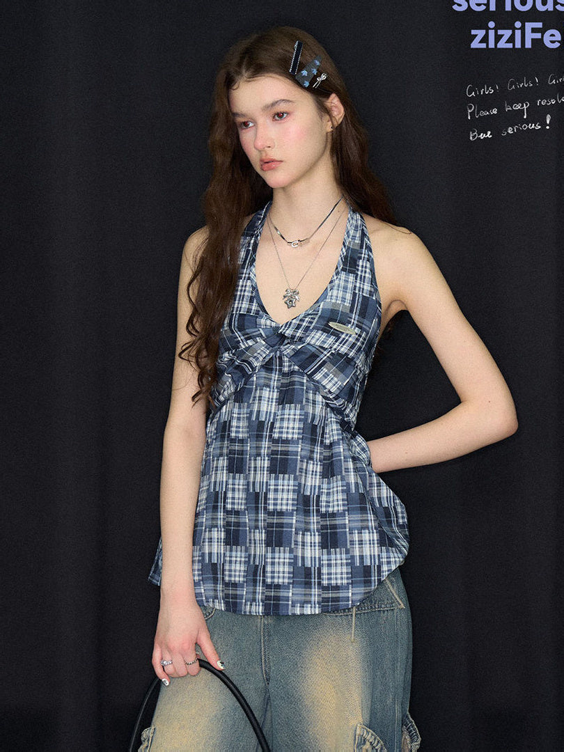 Blue Plaid Twist-Front Halter Top