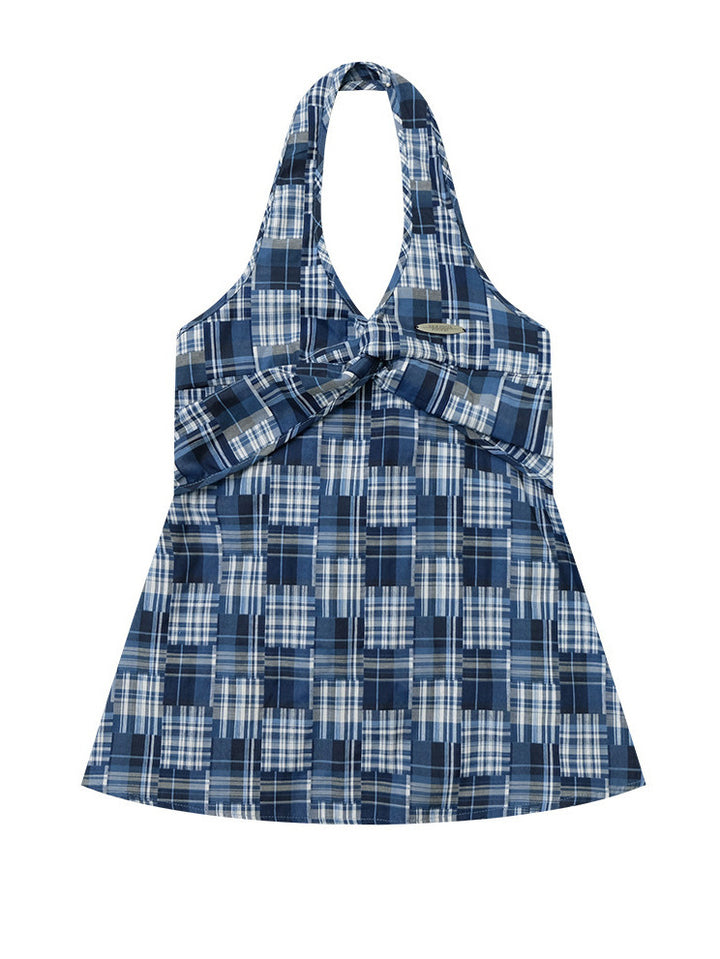 Blue Plaid Twist-Front Halter Top