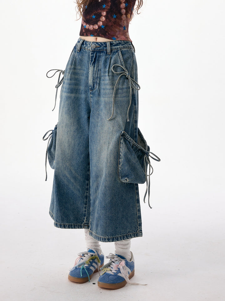 Drawstring Cargo Wide Leg Jeans