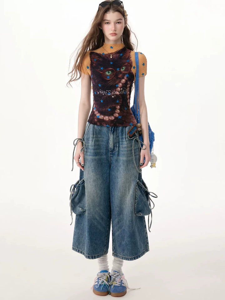 Drawstring Cargo Wide Leg Jeans