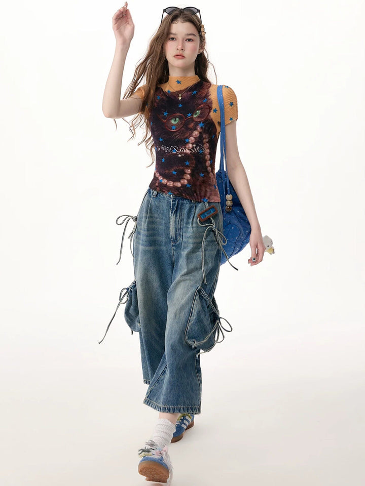 Drawstring Cargo Wide Leg Jeans