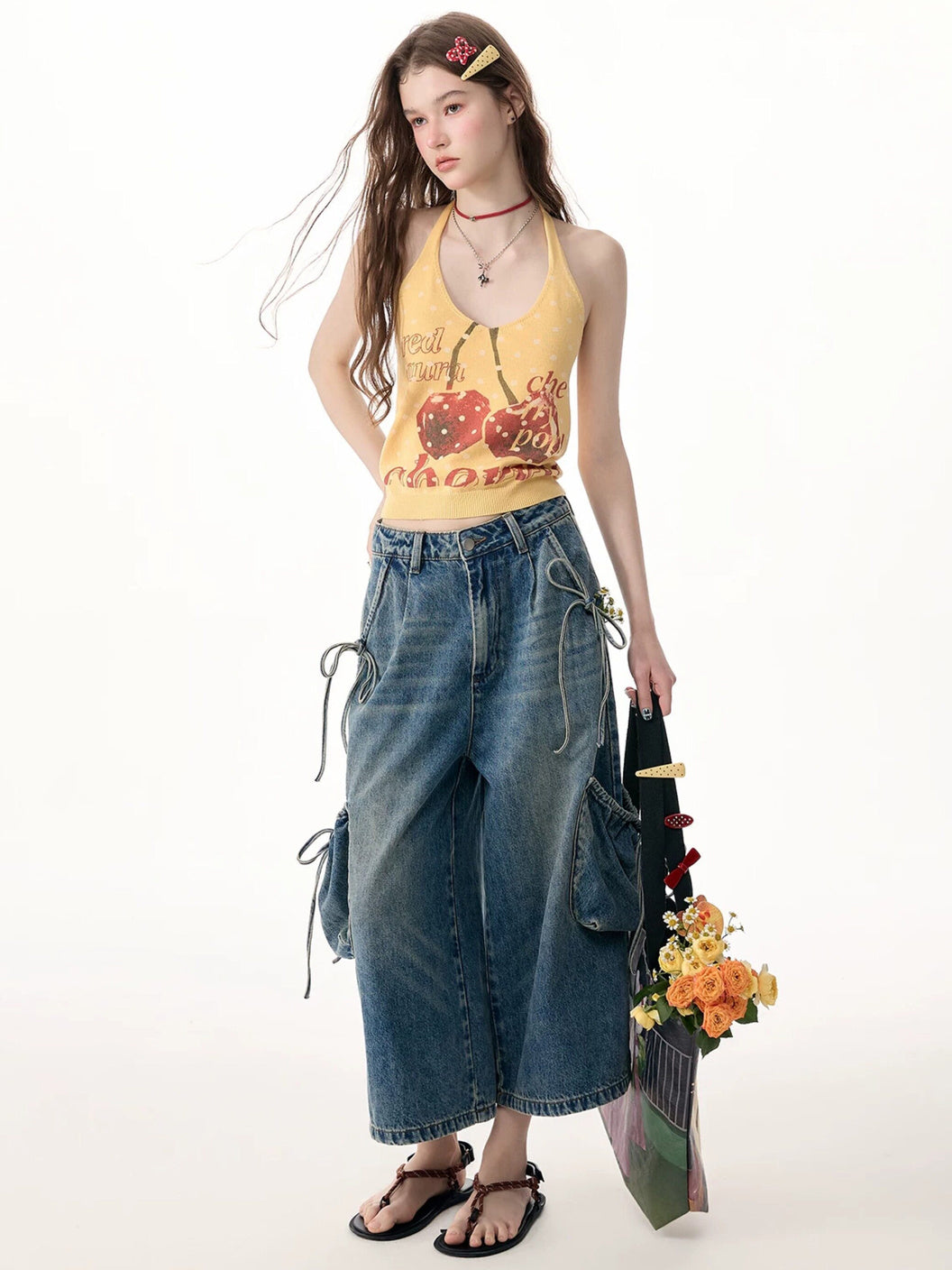 Drawstring Cargo Wide Leg Jeans