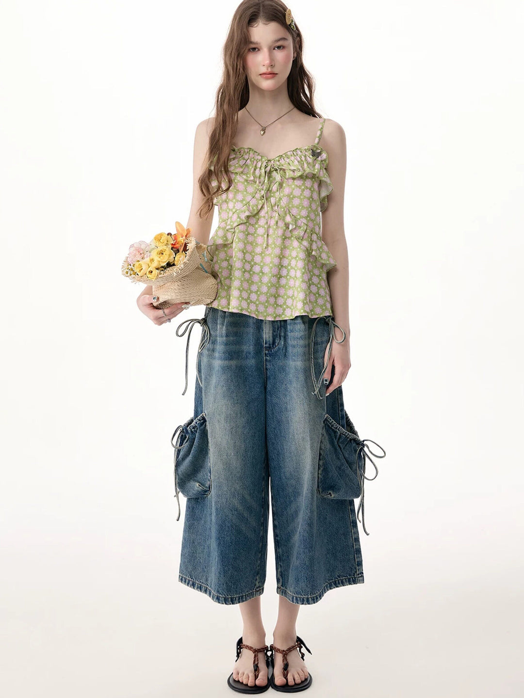 Drawstring Cargo Wide Leg Jeans