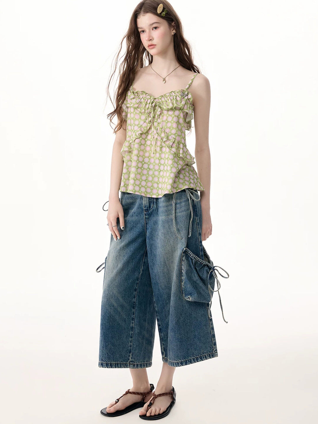 Drawstring Cargo Wide Leg Jeans