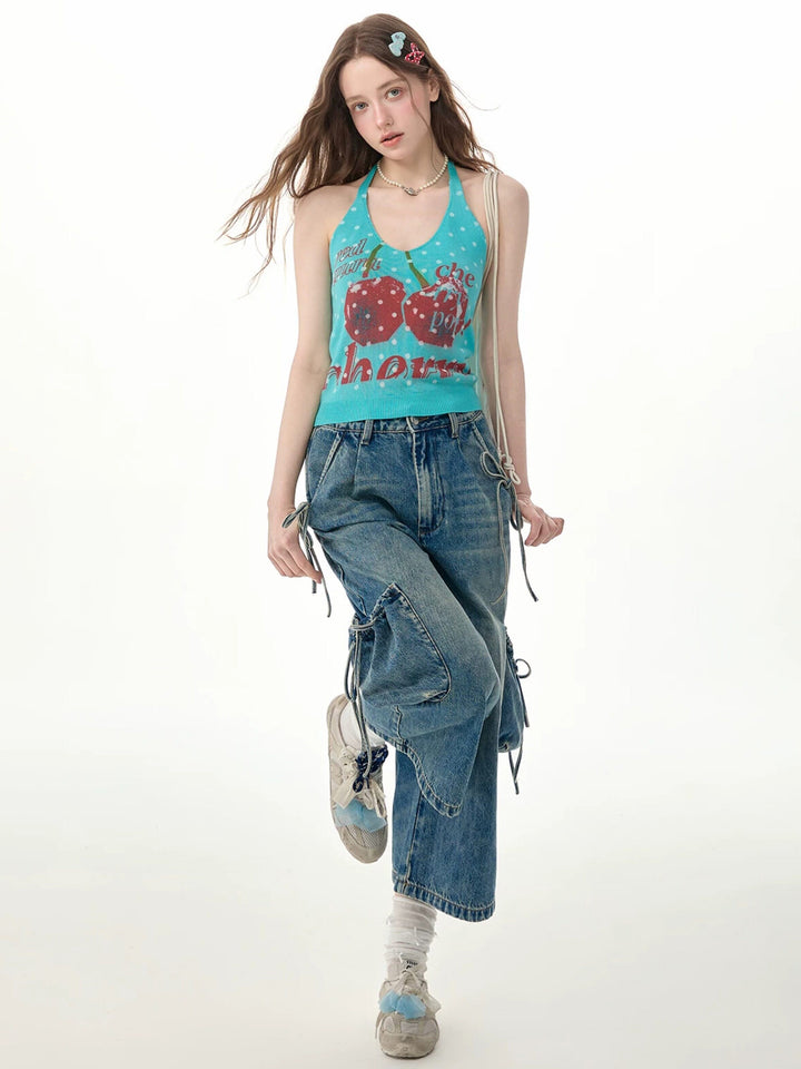 Drawstring Cargo Wide Leg Jeans