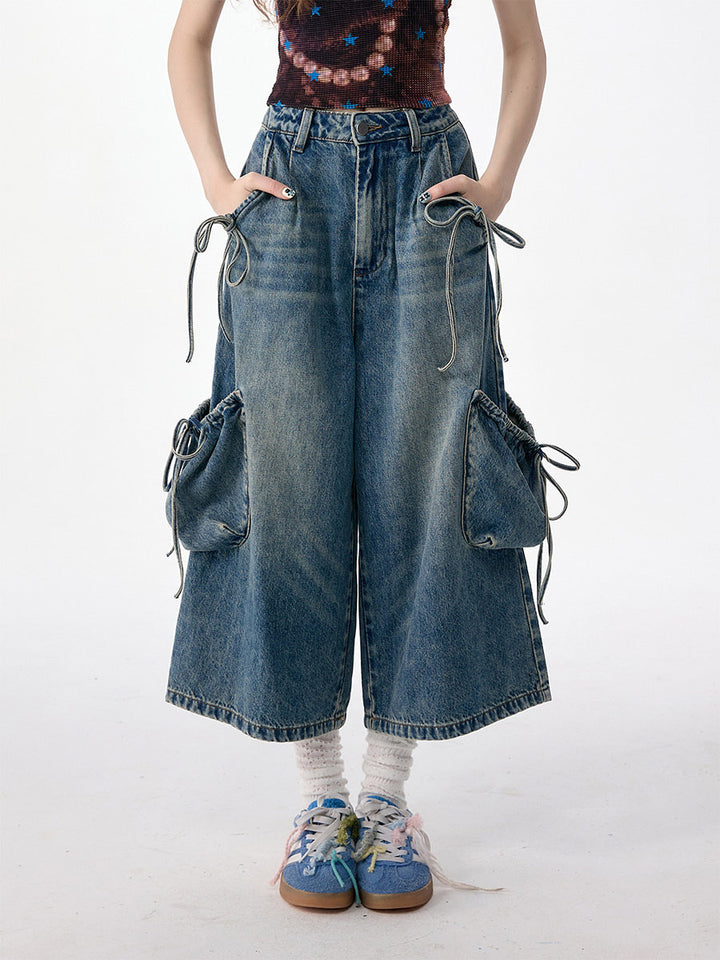 Drawstring Cargo Wide Leg Jeans