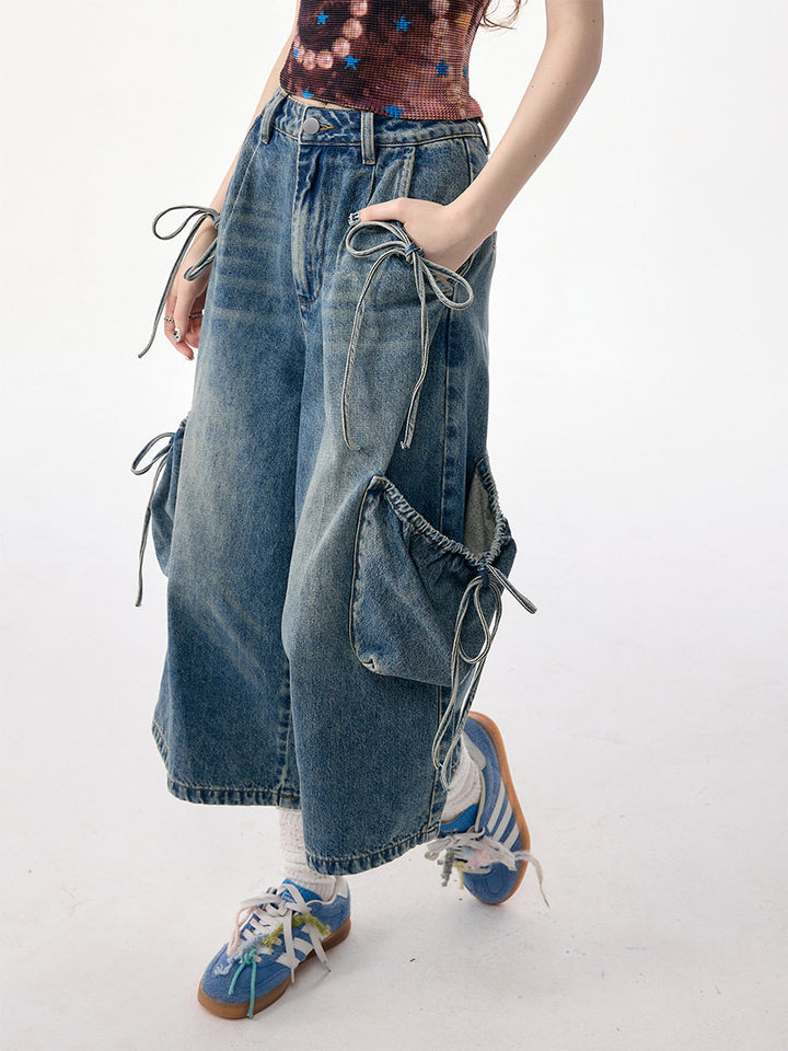 Drawstring Cargo Wide Leg Jeans