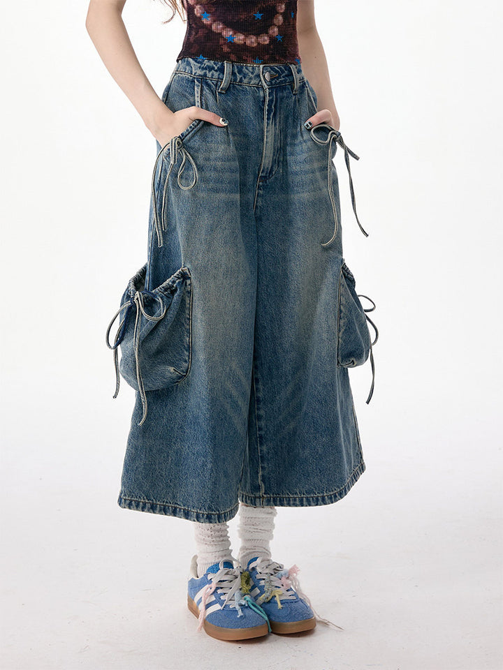 Drawstring Cargo Wide Leg Jeans