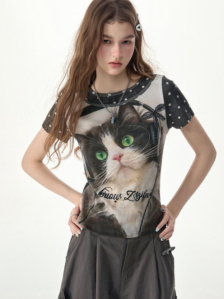 Y2K Headphone Cat Graphic T-Shirt