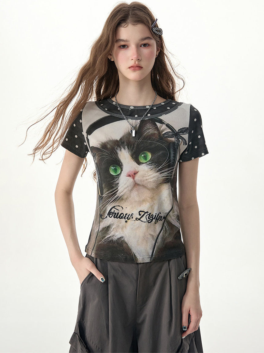 Y2K Headphone Cat Graphic T-Shirt