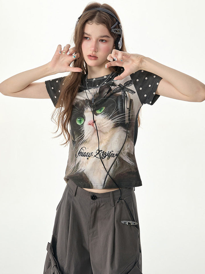 Y2K Headphone Cat Graphic T-Shirt