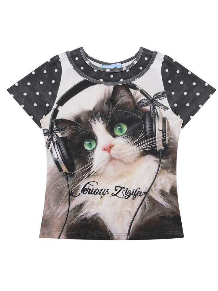 Y2K Headphone Cat Graphic T-Shirt