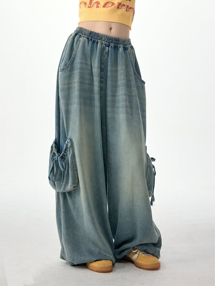 Elastic Waist Drawstring Cargo Wide Leg Jeans