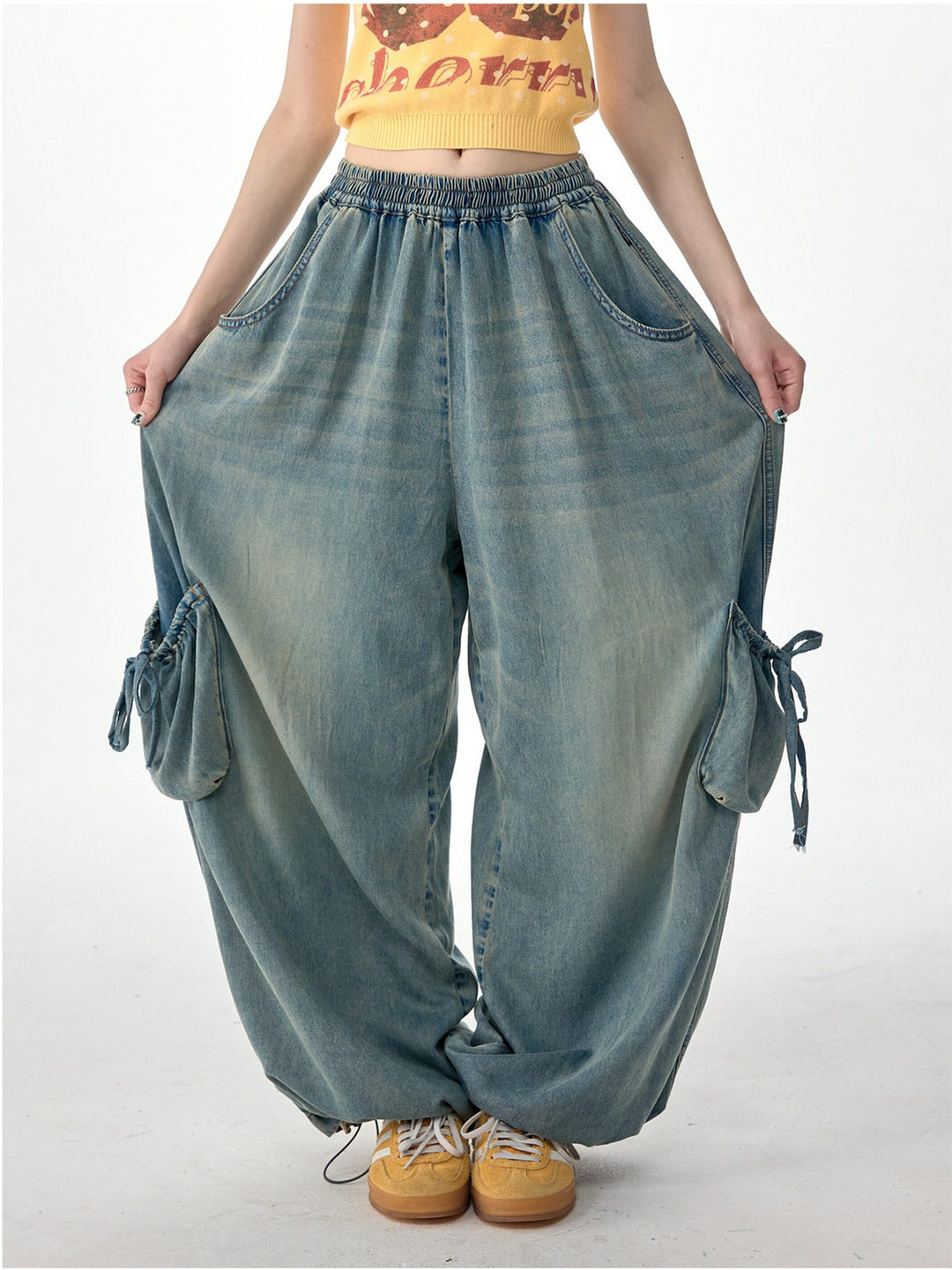 Elastic Waist Drawstring Cargo Wide Leg Jeans