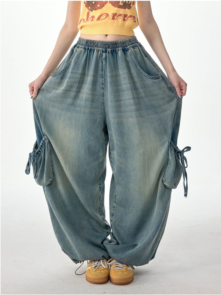 Elastic Waist Drawstring Cargo Wide Leg Jeans