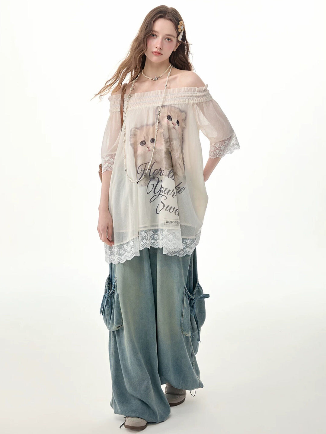 Elastic Waist Drawstring Cargo Wide Leg Jeans
