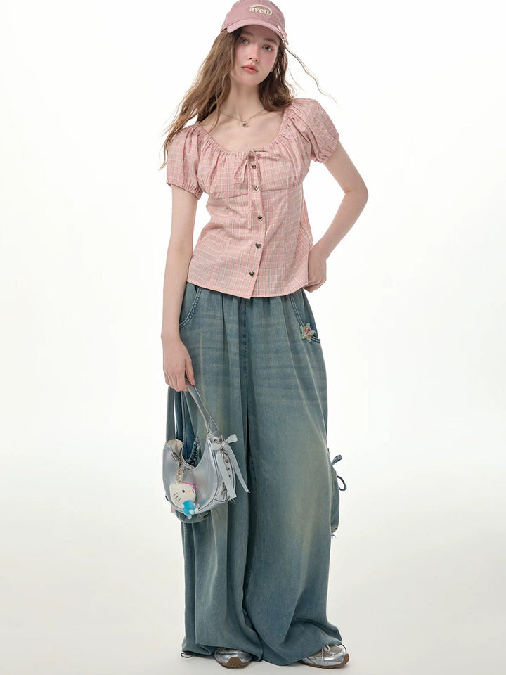 Elastic Waist Drawstring Cargo Wide Leg Jeans