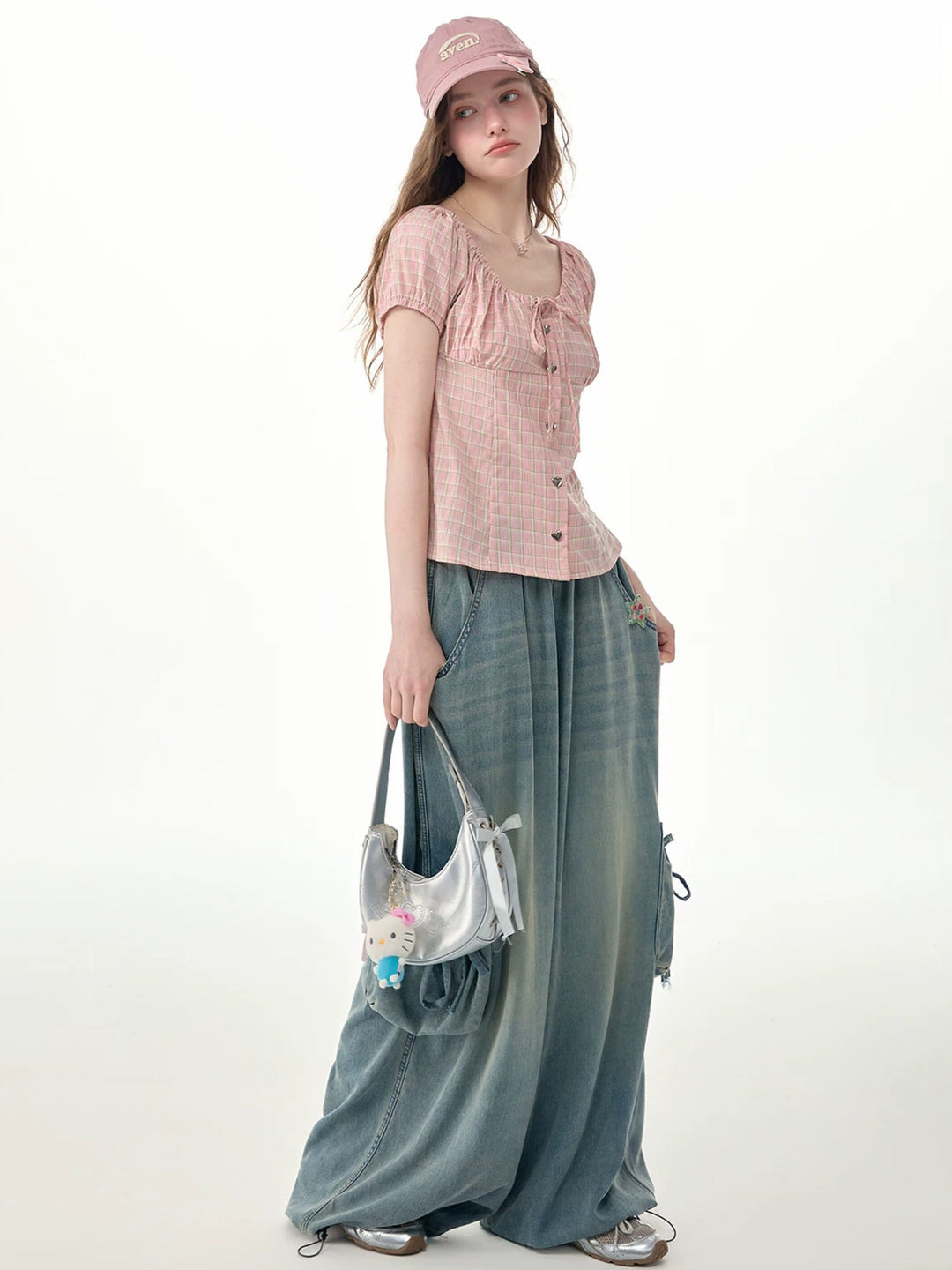 Elastic Waist Drawstring Cargo Wide Leg Jeans