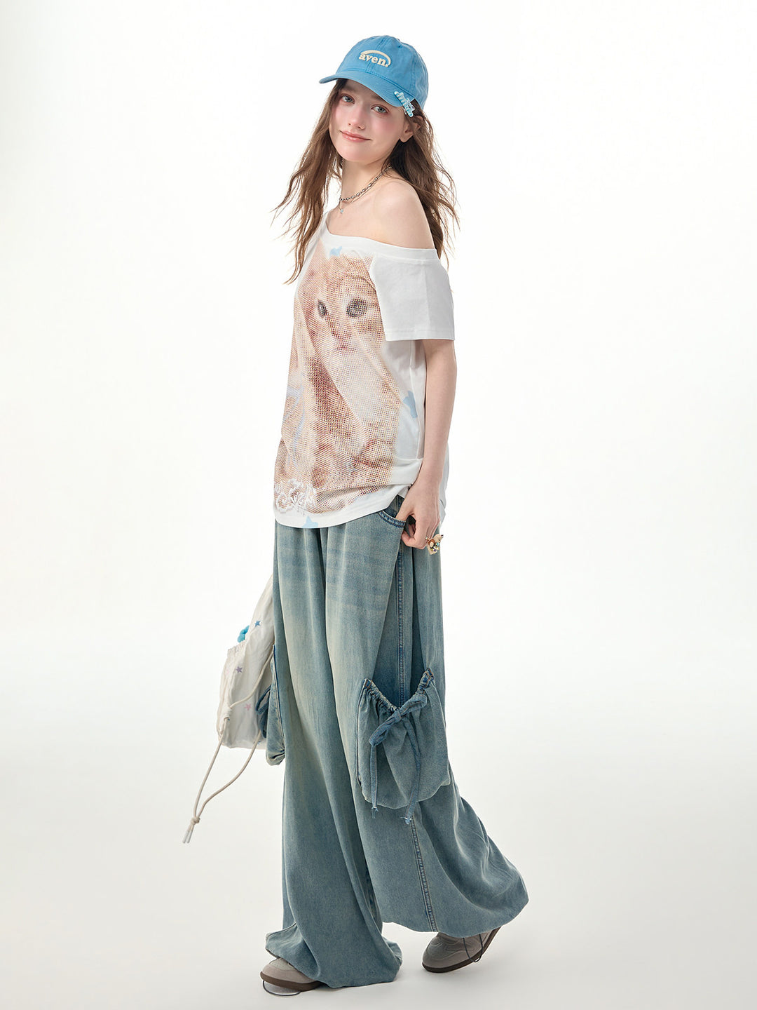 Elastic Waist Drawstring Cargo Wide Leg Jeans