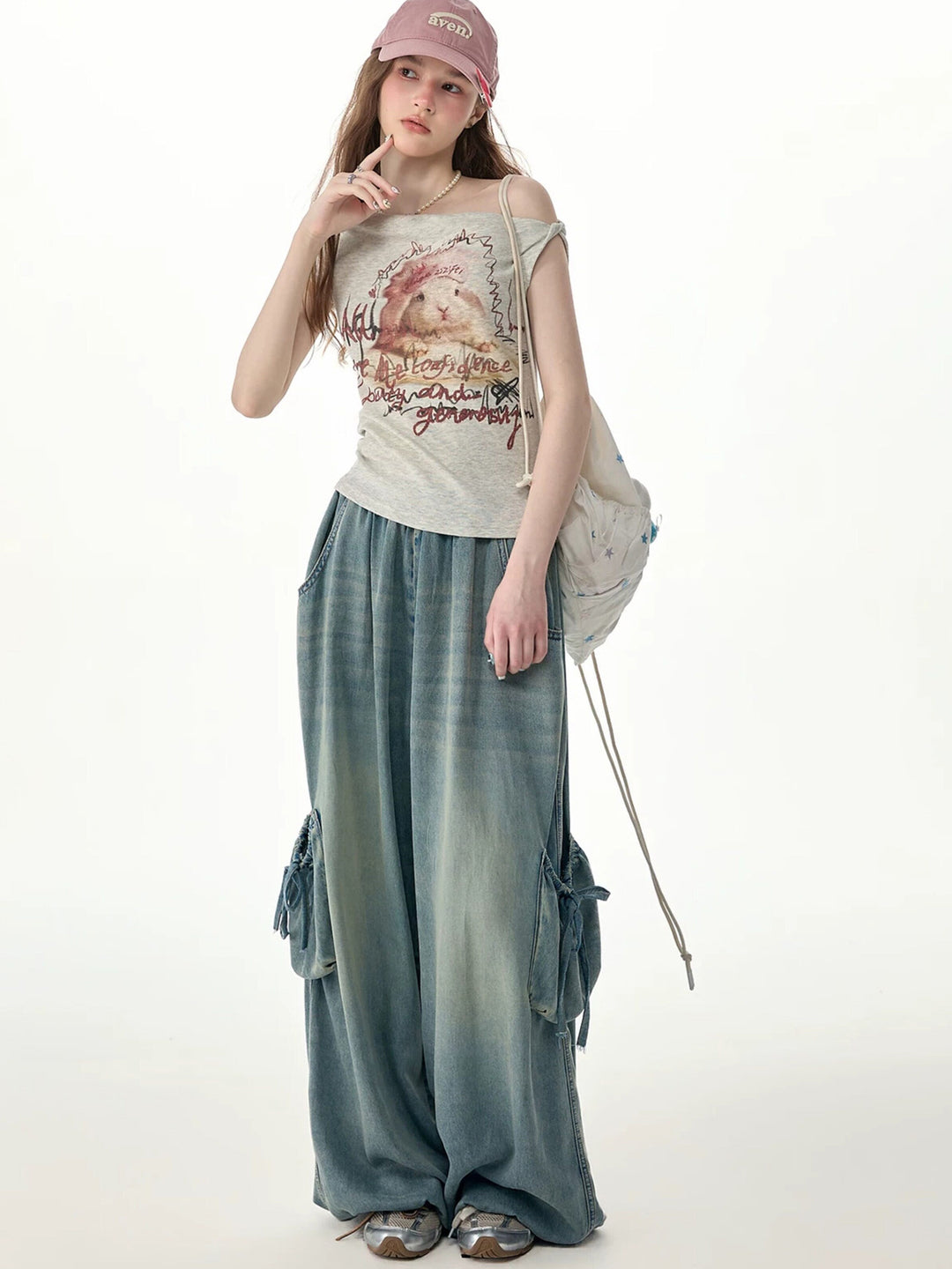 Elastic Waist Drawstring Cargo Wide Leg Jeans