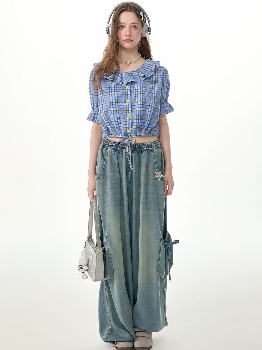 Elastic Waist Drawstring Cargo Wide Leg Jeans