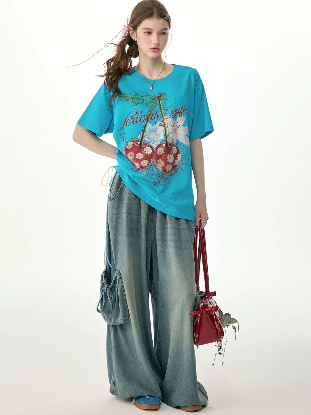Elastic Waist Drawstring Cargo Wide Leg Jeans