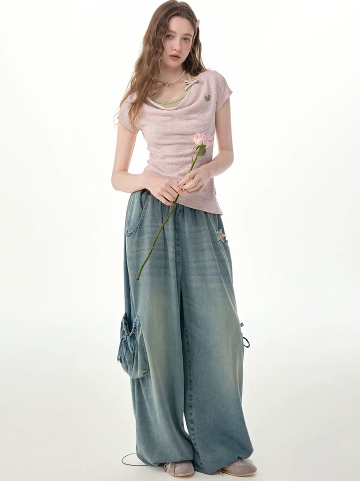 Elastic Waist Drawstring Cargo Wide Leg Jeans