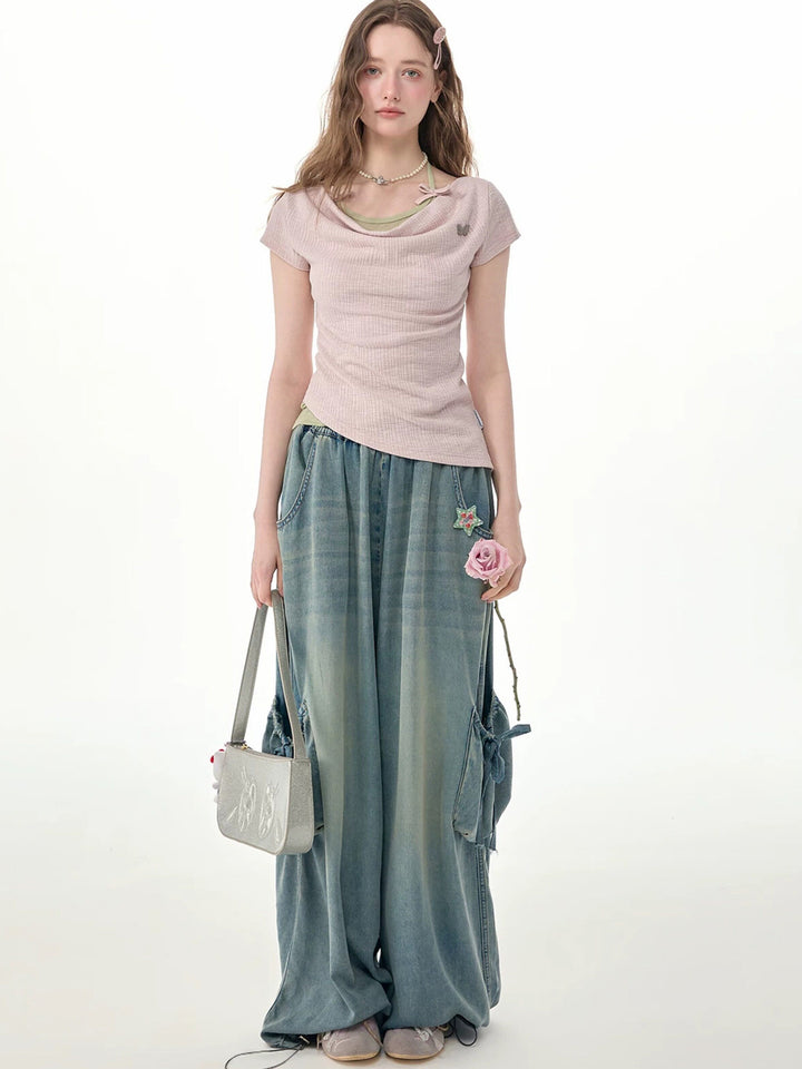 Elastic Waist Drawstring Cargo Wide Leg Jeans